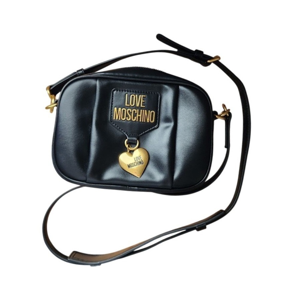 LOVE MOSCHINO Black Leather Heart Charm Camera Crossbody Bag Gold Tone